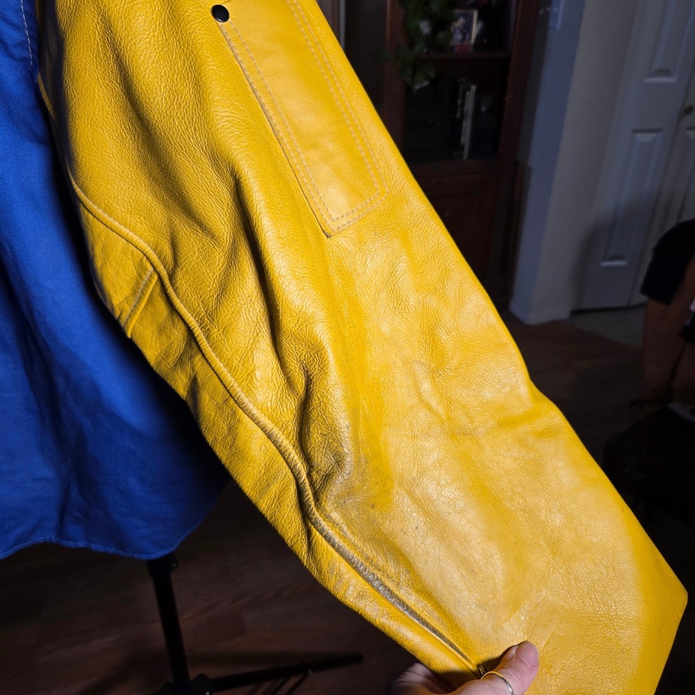 Vintage Y2K Tillman Jacket Blue Cotton Yellow Leather Sleeves Welding Shirt Mens - Picture 5 of 8